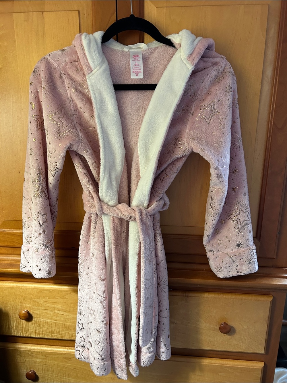 Justice Girls Light Pink Hooded Star-Print Plush Robe with White Lining